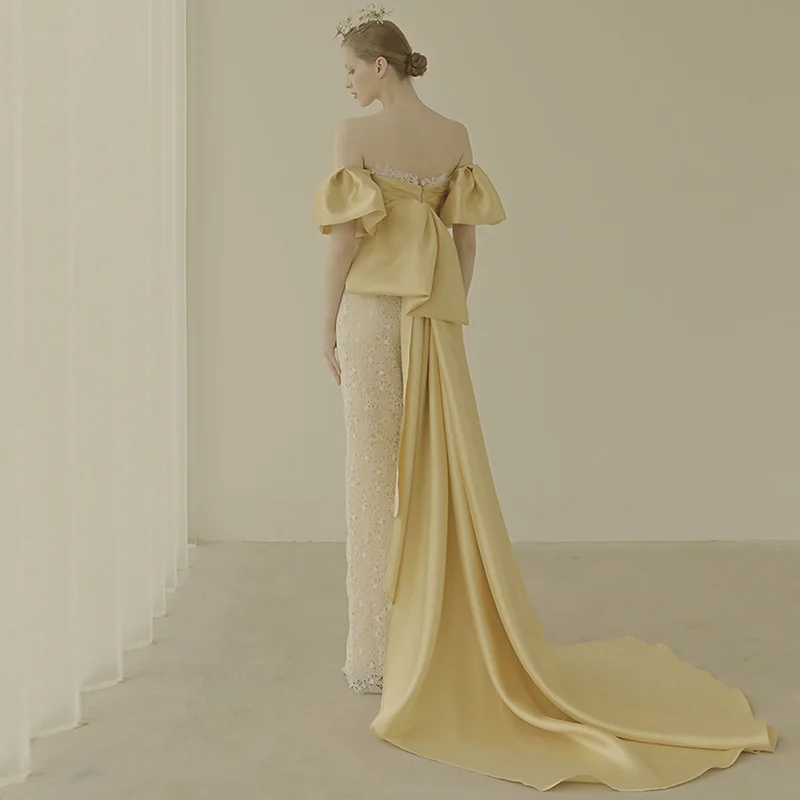 QUEENS GOWN Candy yellow off-shoulder high quality embroidery lace puff sleeve bow ribbon simple elegant princess prom