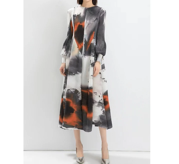 Sheen High Quality Ladies Fashion Print Pleated Plus Size Lady Casual Dresses Miyake African Designs in Chiffon Women Long Dress