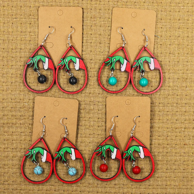 NUORO New Design Green Frog Wooden Christmas Hook Earrings Patchwork Green Holiday Jewelry Hollow Waterdrop Pendant Earrings