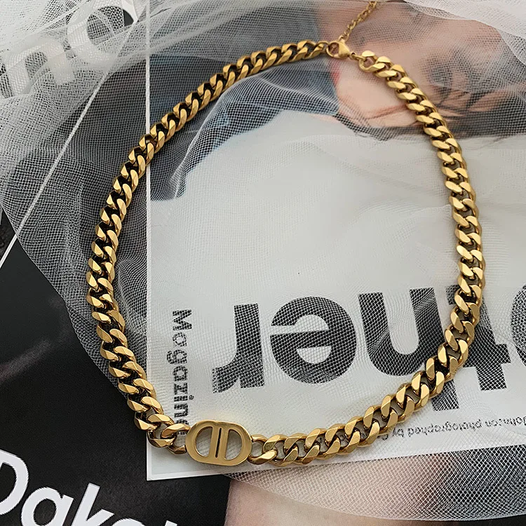 Ins Trendy Female Hip-Hop 18K Gold Plated Cuban Chains Necklace For Women Stainless Steel Necklace