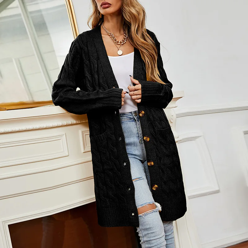 RTS Wholesale Button Down Pocketed Knit Fall Winter Long Cardigan Sweater For Ladies