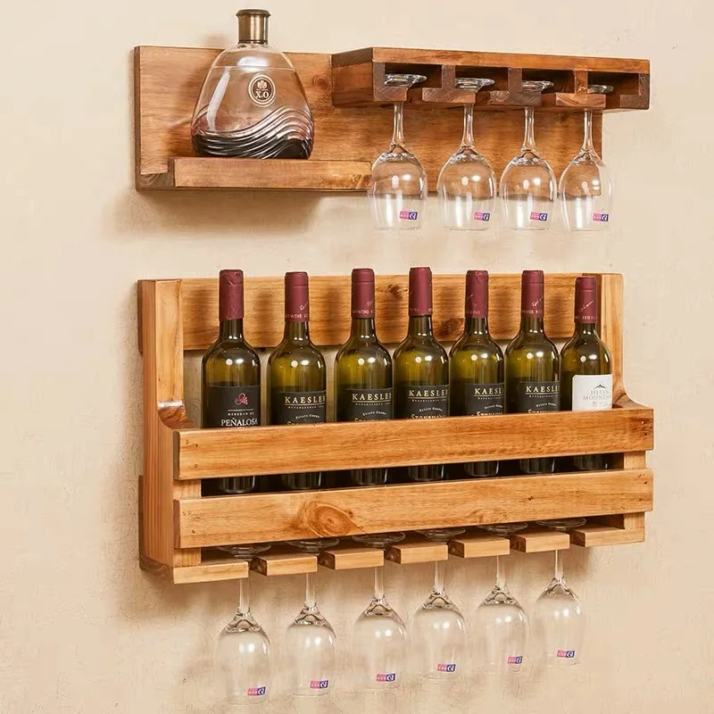 Factory Sale Pine Wood Color Wall-Mounted Wine Shelf Bamboo Bottle Wooden Glass Holder