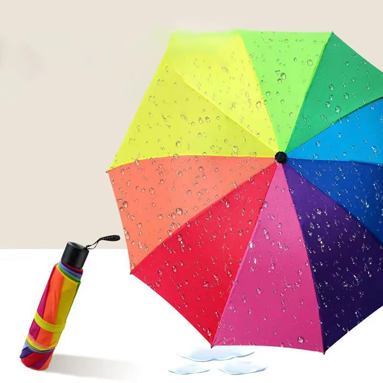 Best Sell Fashion 10k Rain And Sun Wind Resistant Tri-fold Portable Rainbow Umbrella