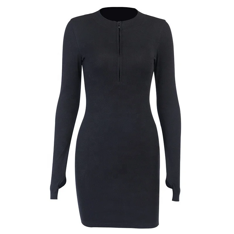 OEM ODM New Stand Collar Zipper Deep V-neck Stretch Ribbed Bodycon Pencil Women Fall Winter Dress