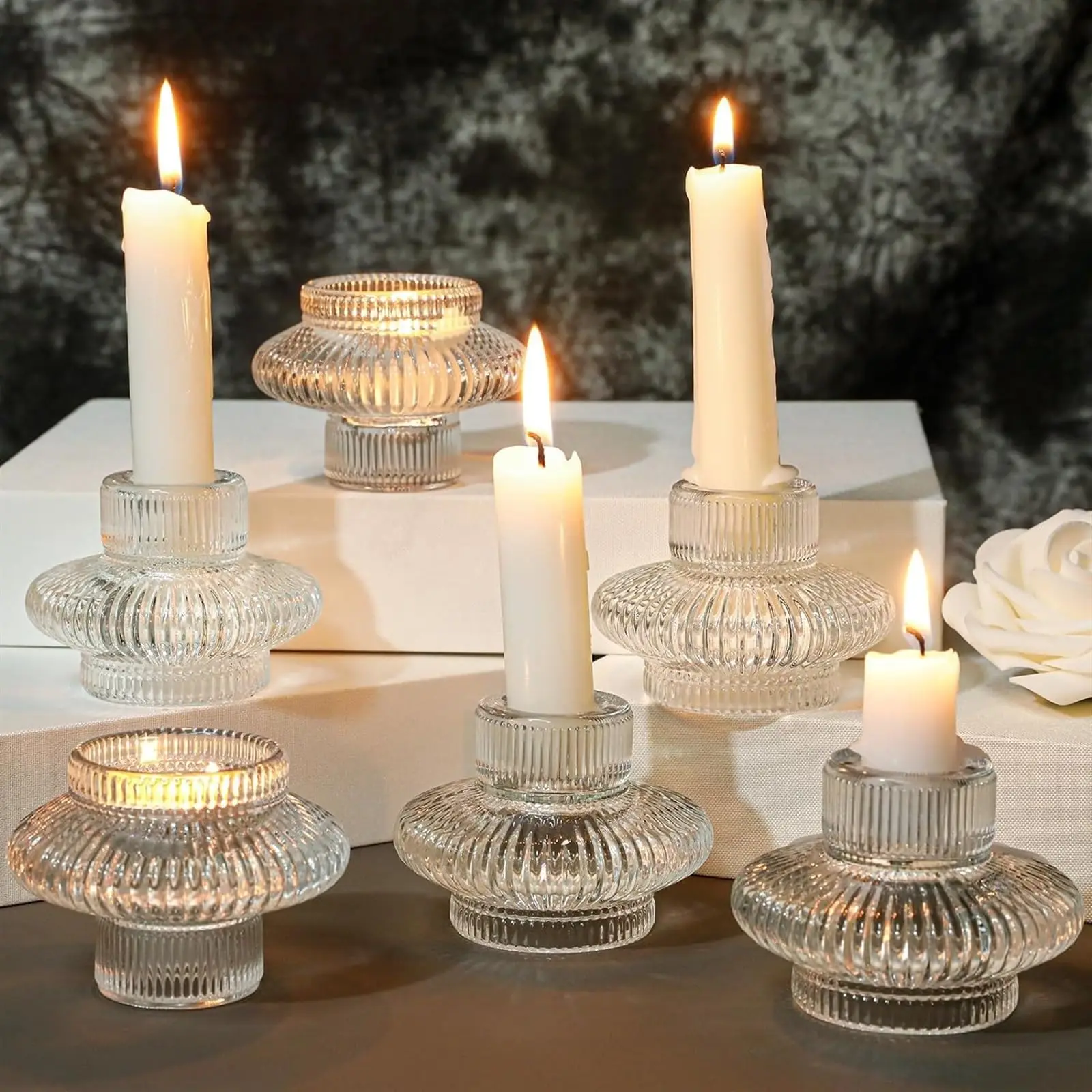 High Quality 6Pcs/Set Unique Candle Vessels Dual Purpose Stackable Candlestick Holders Clear Empty Glass Candle Holders