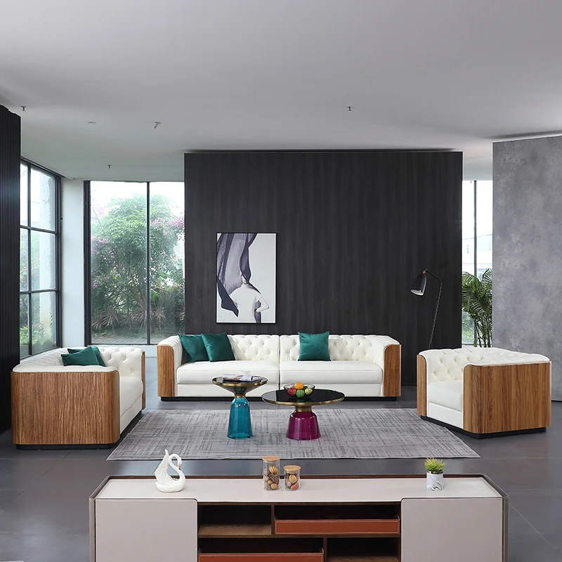 MIDOSO Italian minimalist sofa set living room furniture leather solid wood combination sofa