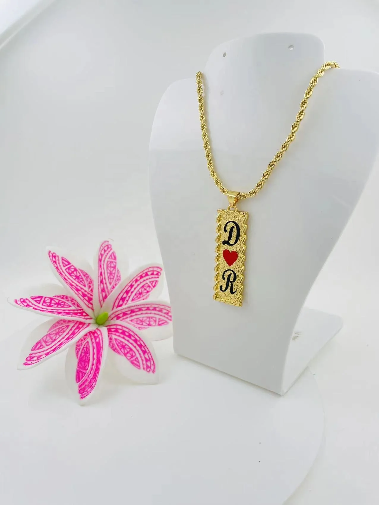 JX88 Customize name plate vertical initial enamel flower heart necklace chain birthday Hawaiian Samoa jewelry wholesale jewelry