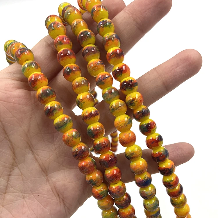 6mm 8mm 10mm round bead with hole landing wholesale glass picture beads yellow for making jewelry