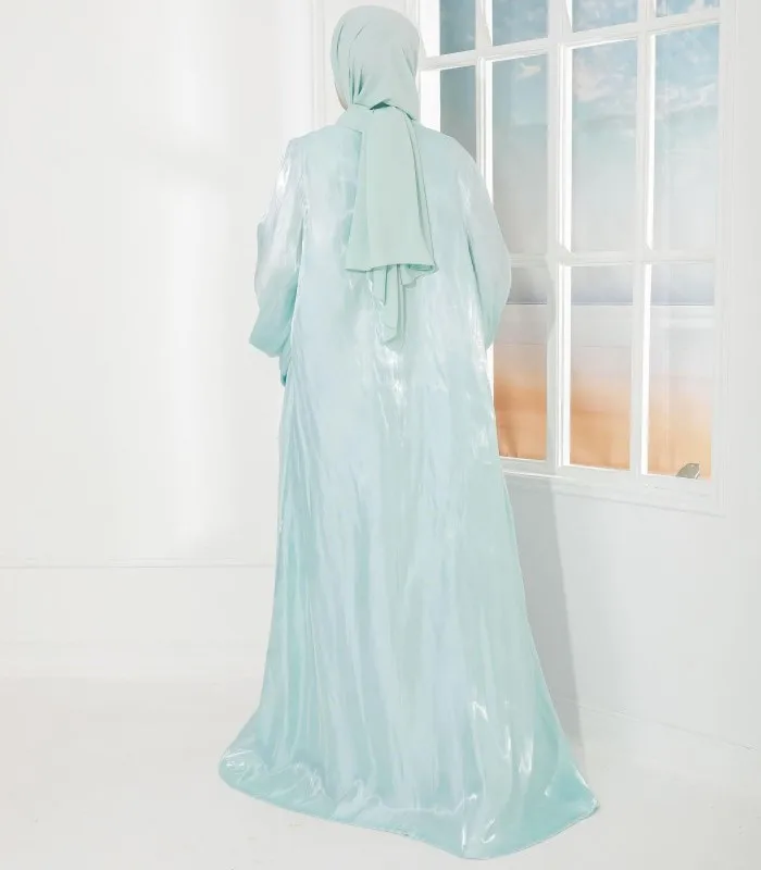 SIPO Premium Fashion Muslim Clothing Satin Silk Cardigan Aqua Blue Abaya Dress Puff Sleeve Dresses With Shawl Hijab