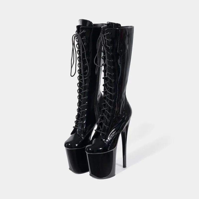8-Inch Ultra High Heel Fetish Boots Knee High Boot Unisex Drag Queen Crossdresser Nightclub Party Dance Platform Lace-Up Boots