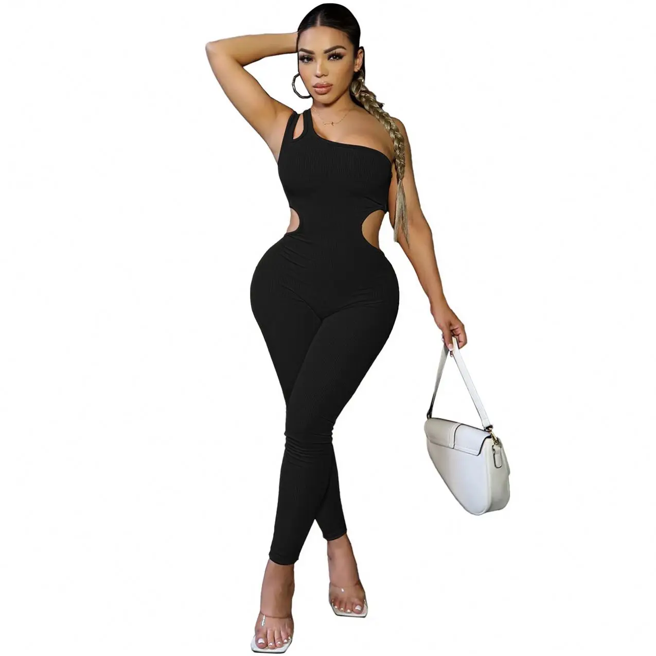 Women Jumpsuits And Rompers New One-Shoulder Hollow-Out Thread Fitted Hip Lifting Sexy One Piece Jumpsuit