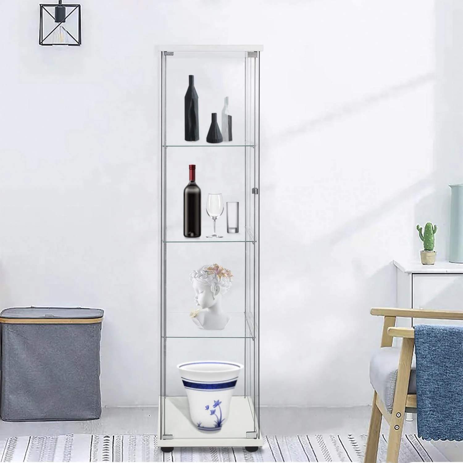 4-Shelf Glass door Cabinet tempered glass display cabinet for Living Room Bedroom Office