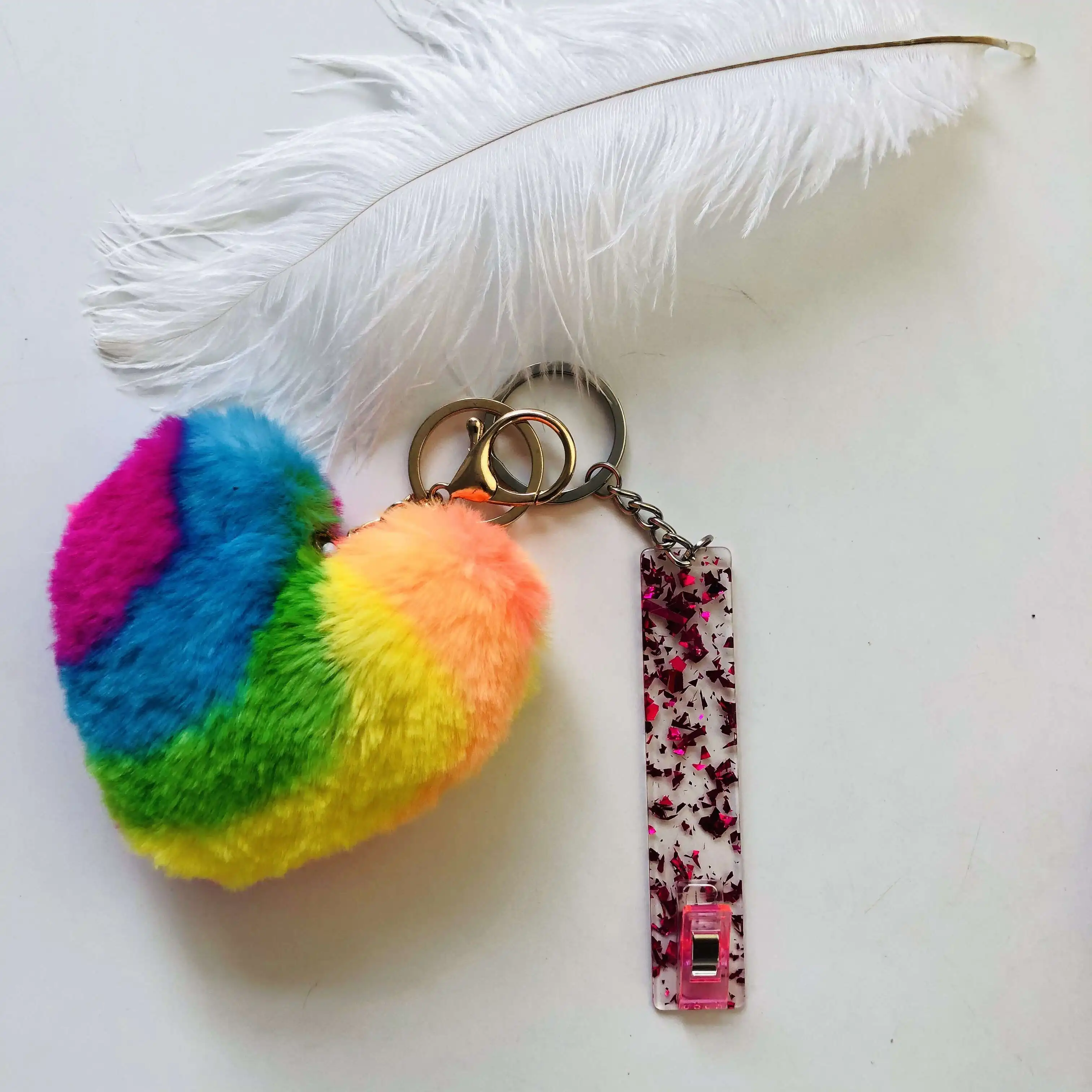 Custom Love heart shaped plastic Material Card Puller wristlet Long nail pom ball Nails atm Card Puller keychain set with clip