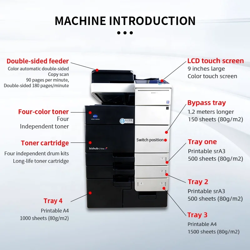 
used A3 High Grade Colored Laser Copier For Konica Minolta C754e Print/Copier/Scan All in One Copier Machine Refurbished 
