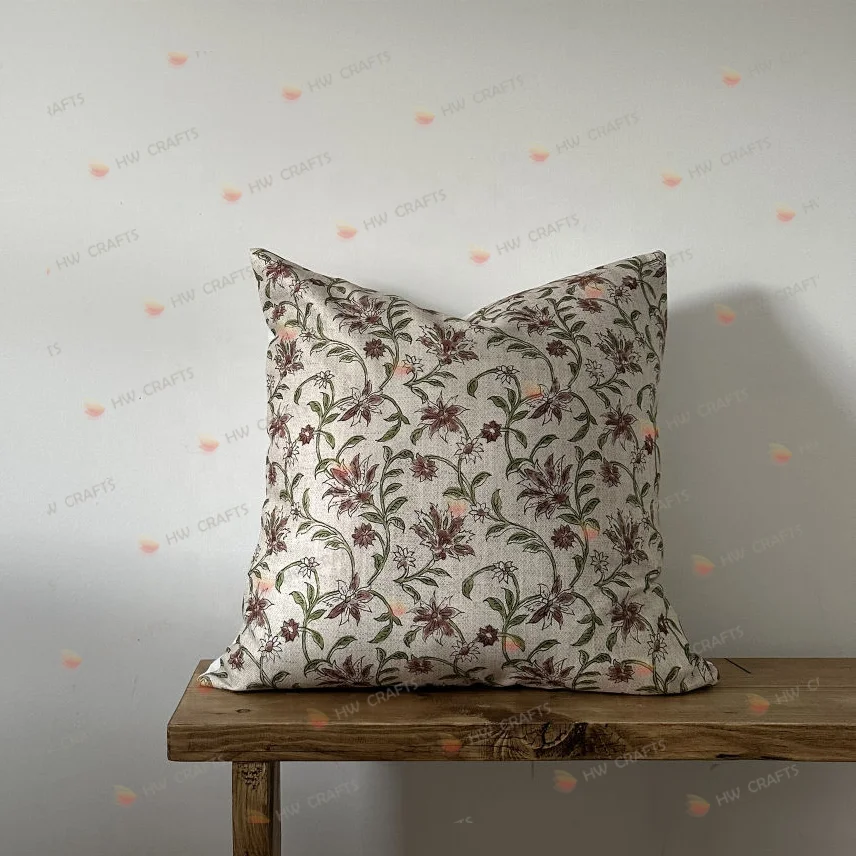 Green Aradhana Block Print Thick Cotton 20X20 Throw Pillowcase Cushion Cover/