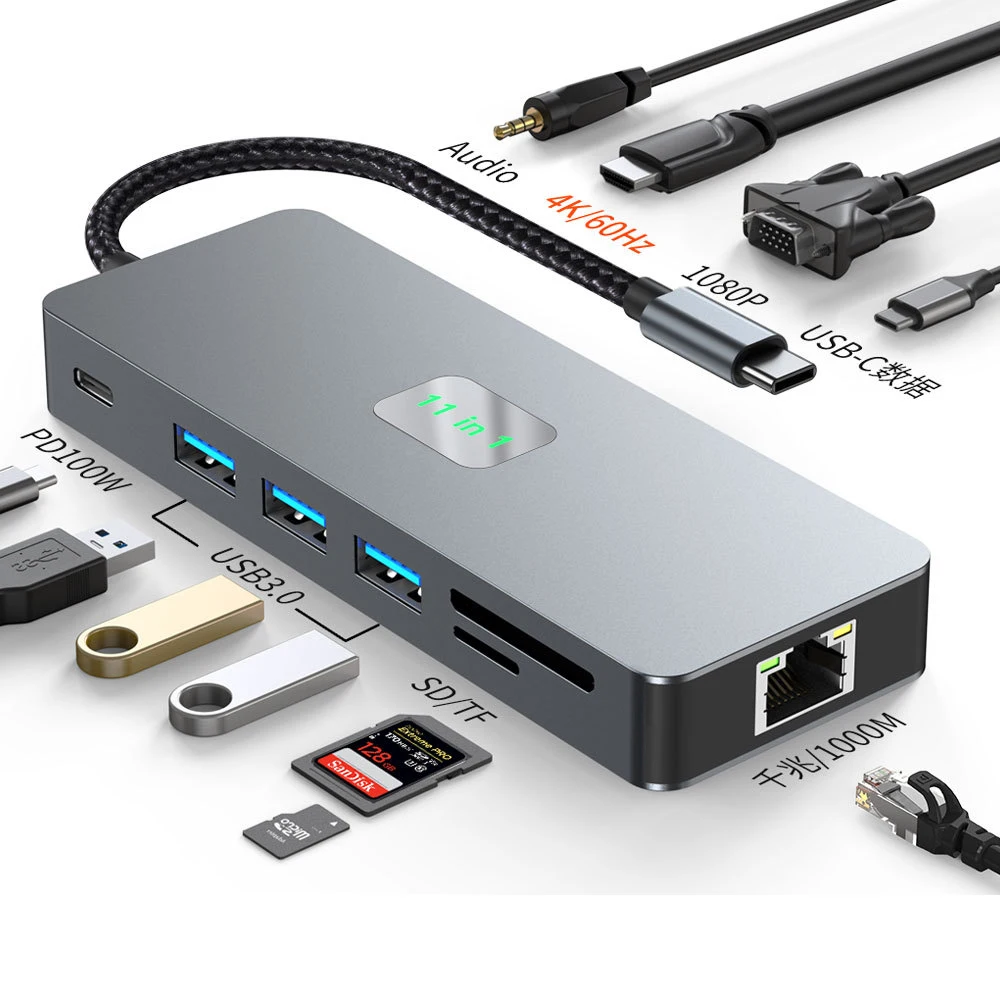 VCOM USB Hub 11 In 1 Multiport VGA 1080P HD MI DP 4K RJ45 Ethernet 1000Mbps AUX TF SD Card Reader USB3.0 5Gbps