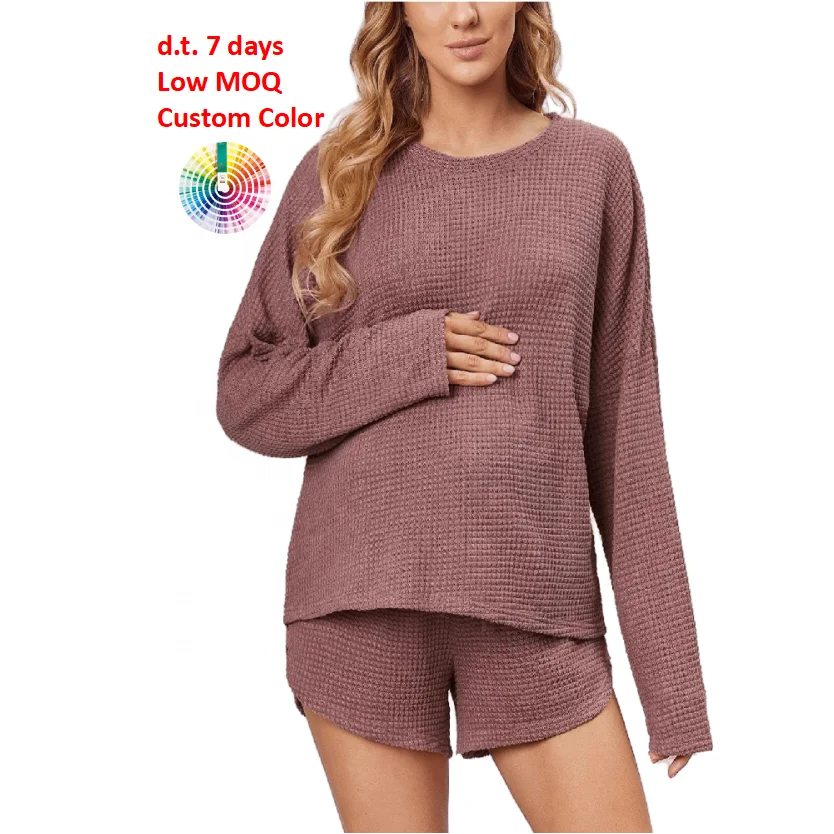 
M049 Long Sleeve Loungewear Clothes Waffle Knit Cotton Maternity Sleepwear Short Sets 