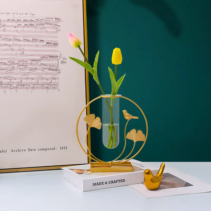 Home decoration nordic luxury ginkgo leaf iron glass hydroponics flower arrangement metal vase