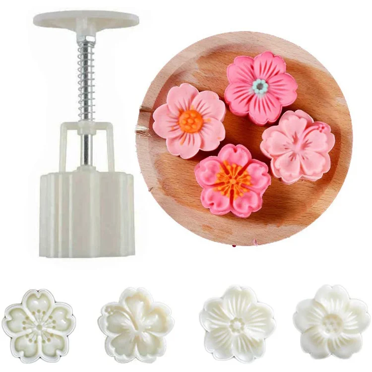 4Pcs/Set Mooncake Mold Cherry Blossom Flowers Sakura Pattern Stamps Hand Press Mold Plungers Pastry Tools Mid-autumn Festival
