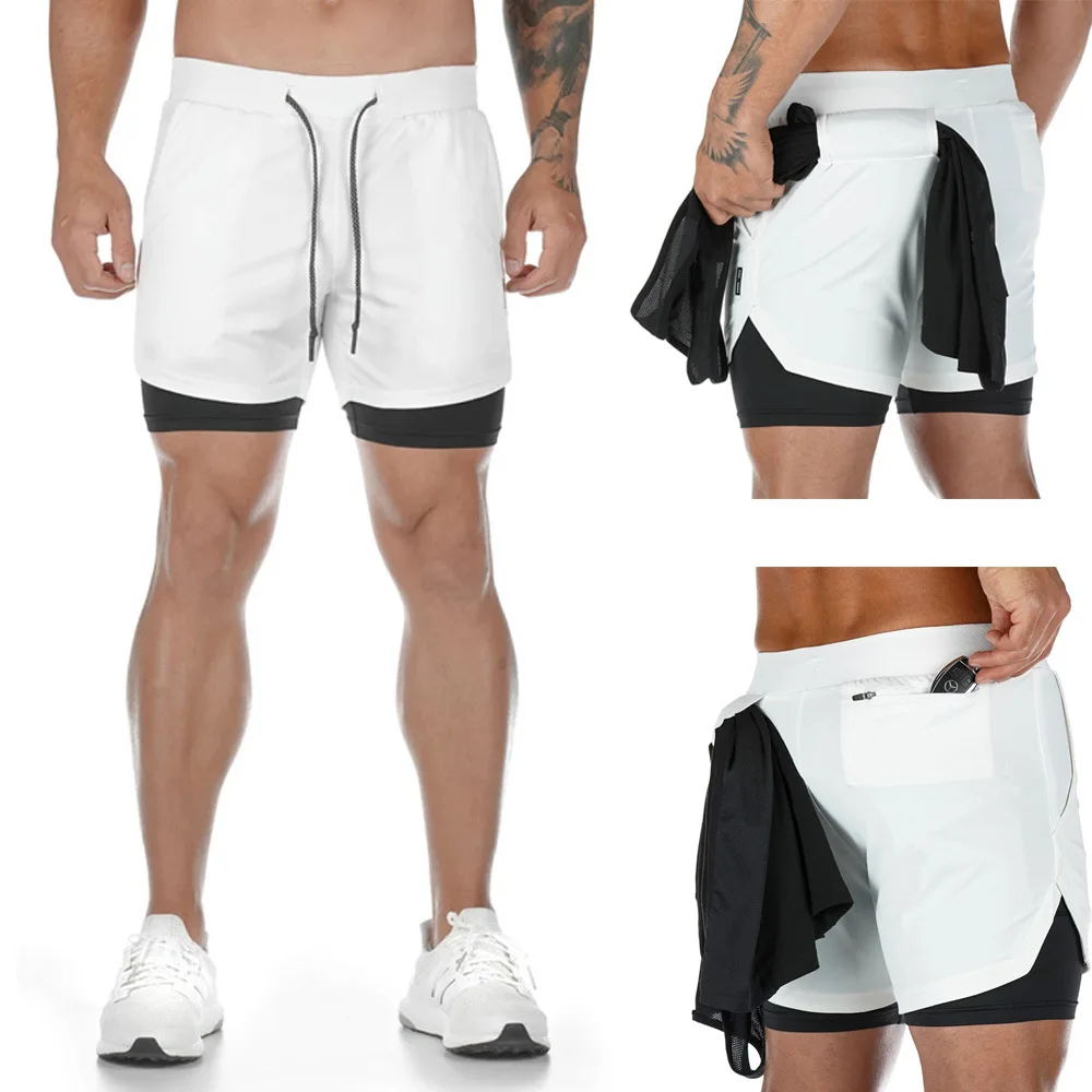 Quick Drying Running Sportrs Shorts Men Summer Mesh Beach Pants Compression Mens Workout 2 In 1 Shorts With Zipper Pockets
