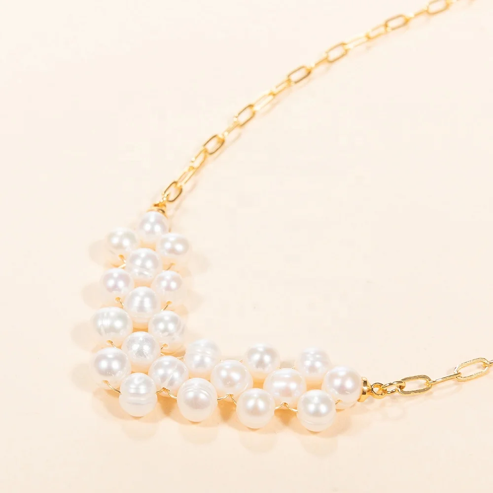 
18k real gold plated oval brass chain fresh water pearls handmade angel wing shape necklace for women jewelry 