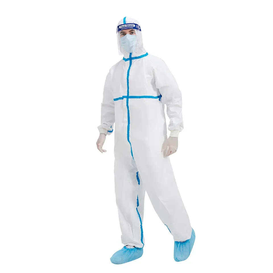 White Sms Coveral with Hood Medical Microporous Disposable Coverall Chemical Non Woven Protective Full Body Disposable PE Blue