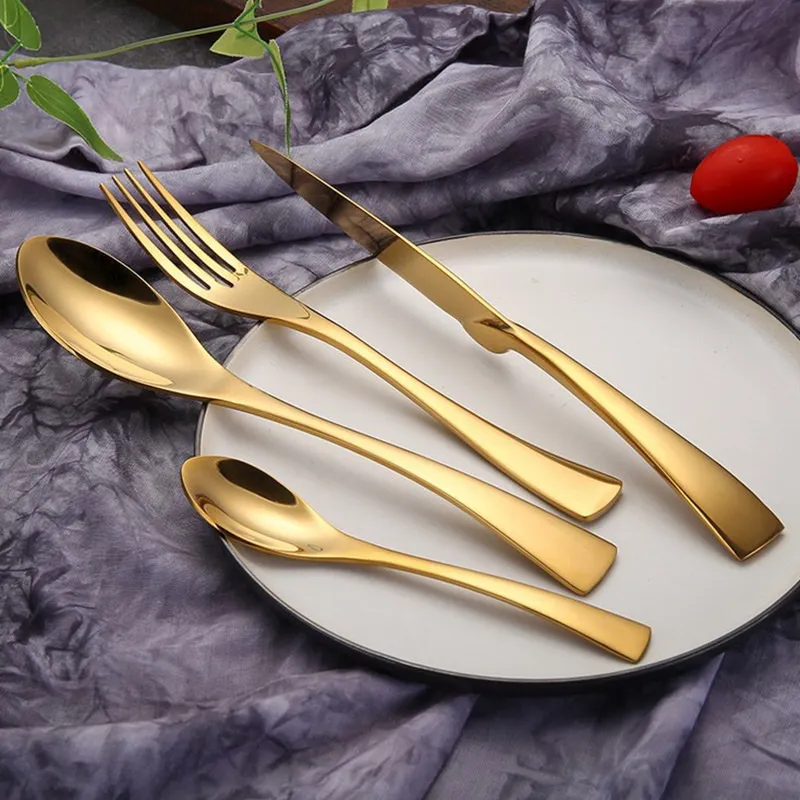 Wholesale Stainless Steel Knife Spoon Teaspoon Fork Flatware Set Shiny Gold Cutlery Set For Wedding