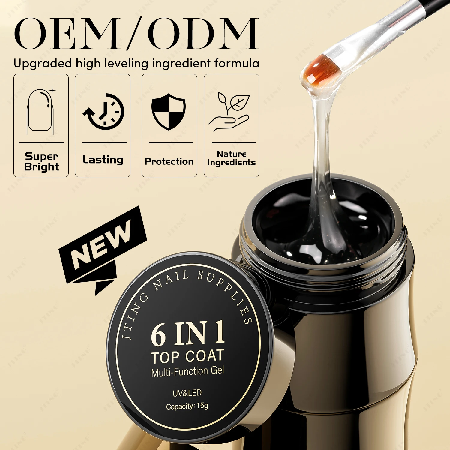 JTING 6in1 Multifunction Gel Shiny Hard Top Coat Various Effect Construction Builder Modelling Leveling Nail Polish