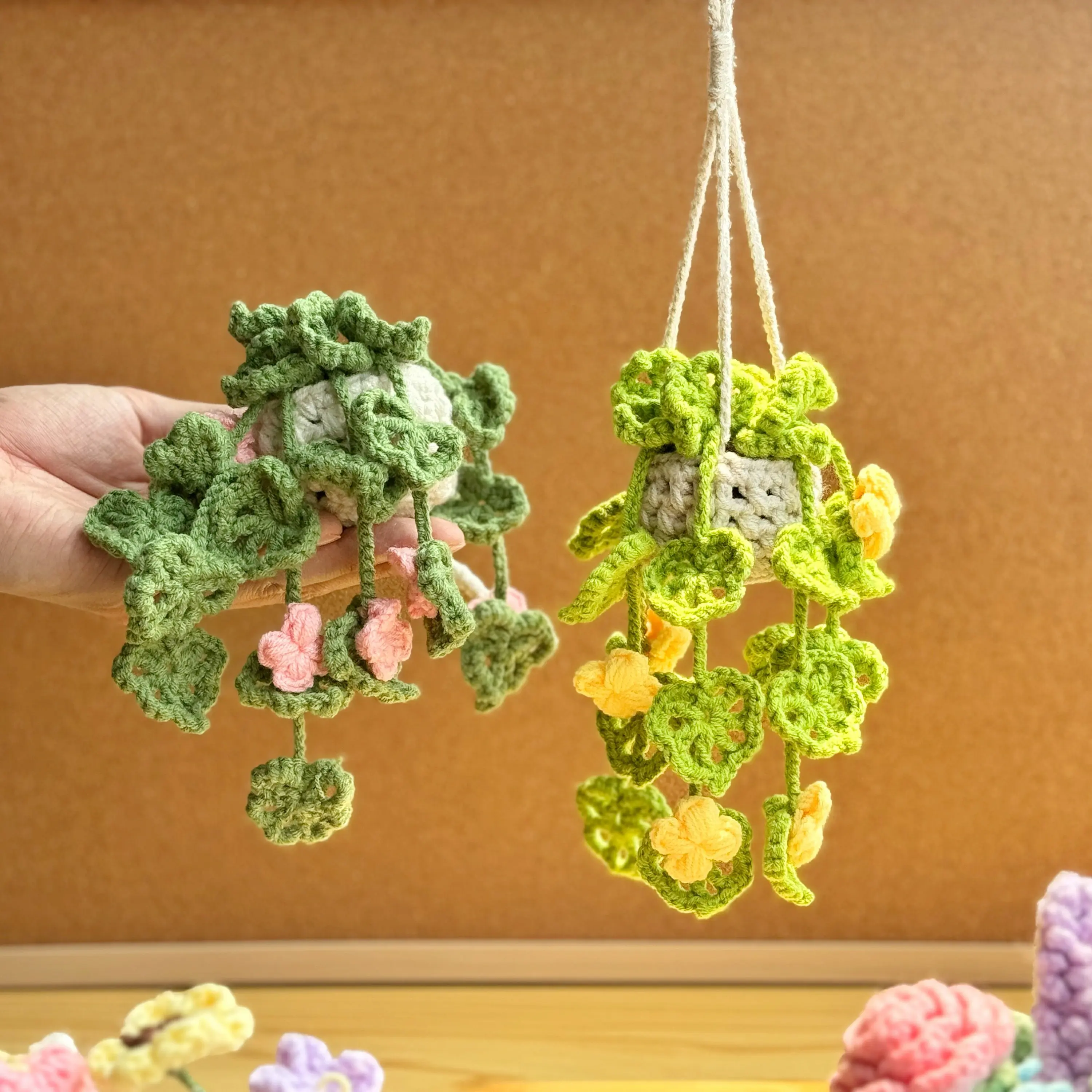 New Crochet Strawberry Artificial  Potted Flower Ornaments for Mirror Decoration Pendant Cute Potted Plants for Rear View Mirror