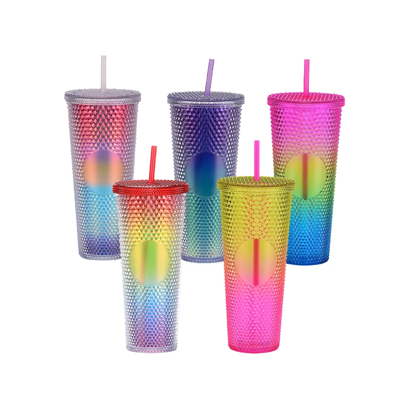 USA warehouse fast shipping 24oz Reusable Drinking Tumbler Double Wall Plastic Light Black Matte Studded Tumbler With Straw