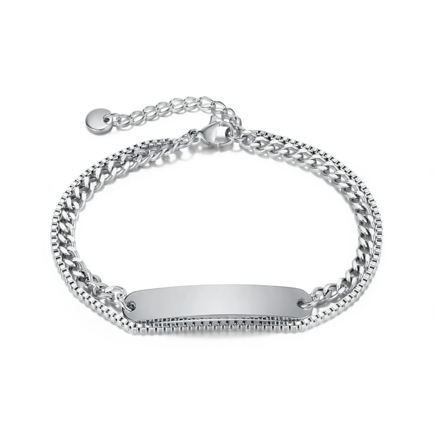 Fashionable titanium steel double chain bracelet, stainless steel long curved plate with customizable logo bracelet for women