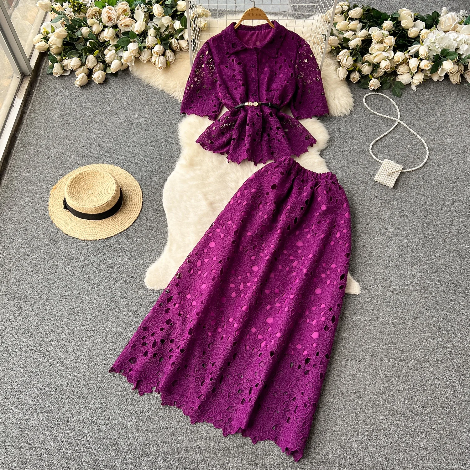 Summer Suit Female Ruffled Short Shirt Pleated Skirt Two-Piece Set