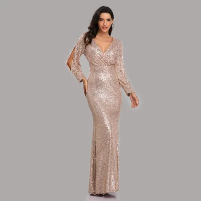  2021Women Elegant Sequins Bridesmaid Dresses Long Sleeve Mermaid Evening