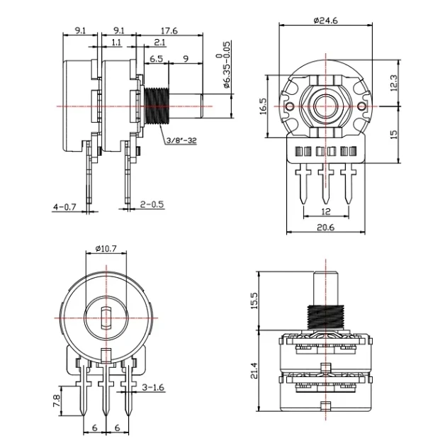 TERWIN Latest guitar pot 24mm Dual Gang  B500K 1M Knurled shaft and solid shaft rotary potentiometer for electric guitar