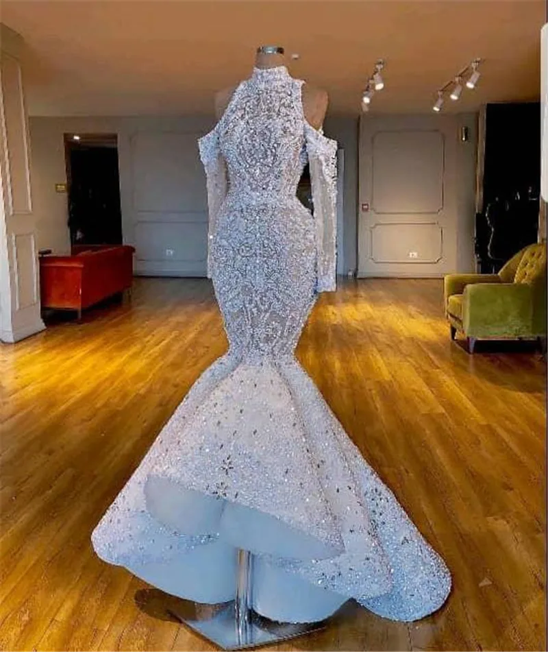 Top Crystal Beaded High Neck Long Sleeve Wedding Dress Shoulder Cut Off Mermaid Wedding Gown