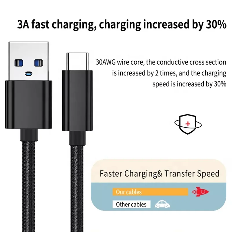 Nylon Braided Data Sync Charge 3A USB To USB C Type C Fast Charging Cable 0.5M 1M 1.5M 1.8M 2M 3M