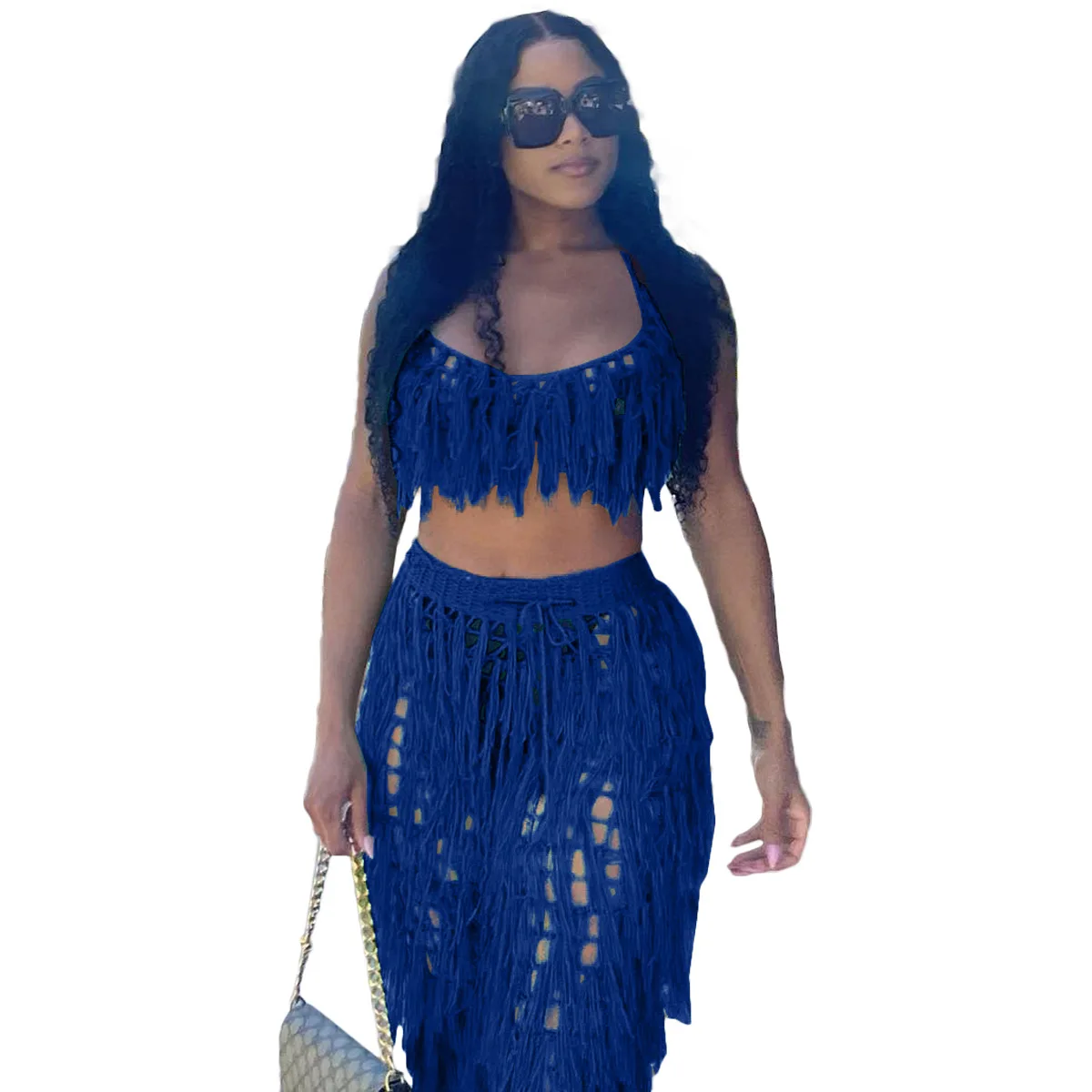 New Sexy Sleeveless Hollow Out Bra And Pants Beach Knit Crochet Women Swimsuit Cover Up Two Piece Outfit Set