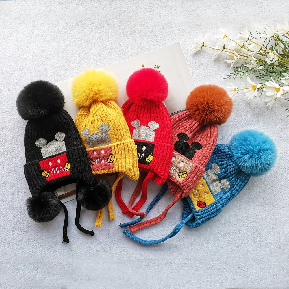 Cute Pom Pom Baby Hat Customized Pattern Children Wool Beanie Caps Ear Flap Toddler Crochet Winter Hats With Drawstring
