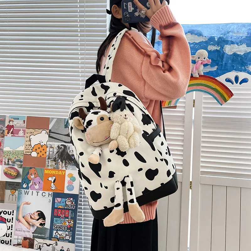 
Cow Pattern Backpack Girl Japanese Sweet And Cute Girl Junior High School Students Large Capacity School Bag Women 