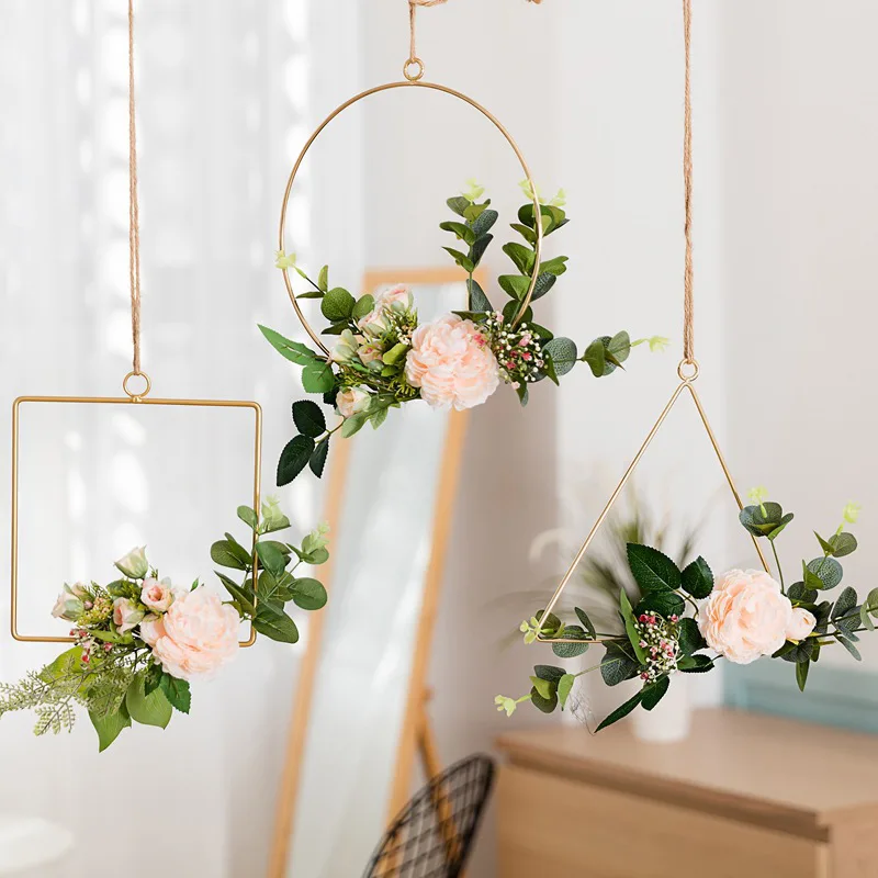 Floral Hoop Wreath Set of 3 Artificial Rose Eucalyptus Garland Metal Hanging for Wedding Nursery Wall Decor Garden Ornament