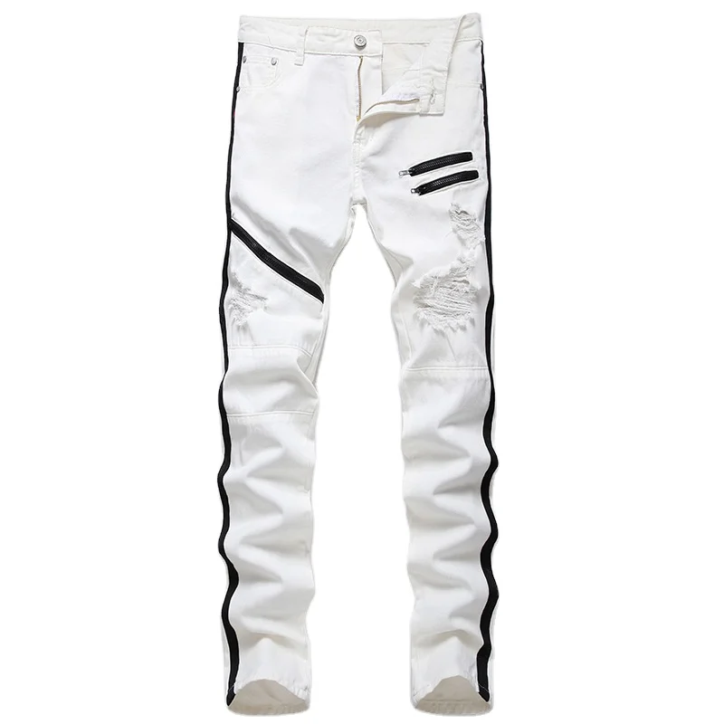 2021 factory wholesale Europe and the United States new jeans men stretch large size trousers multi zipper slim body tight