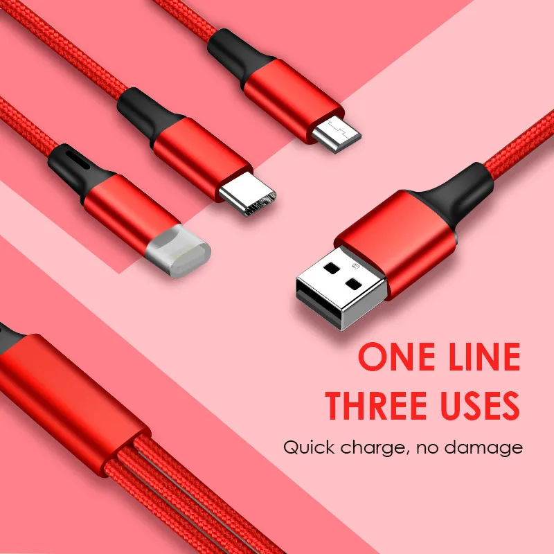 High Quality Custom Fast Charging Multi Android Charger Mobile Phone Usb Type C 2.0 Data Cable 3 In 1 Usb Charging Cable