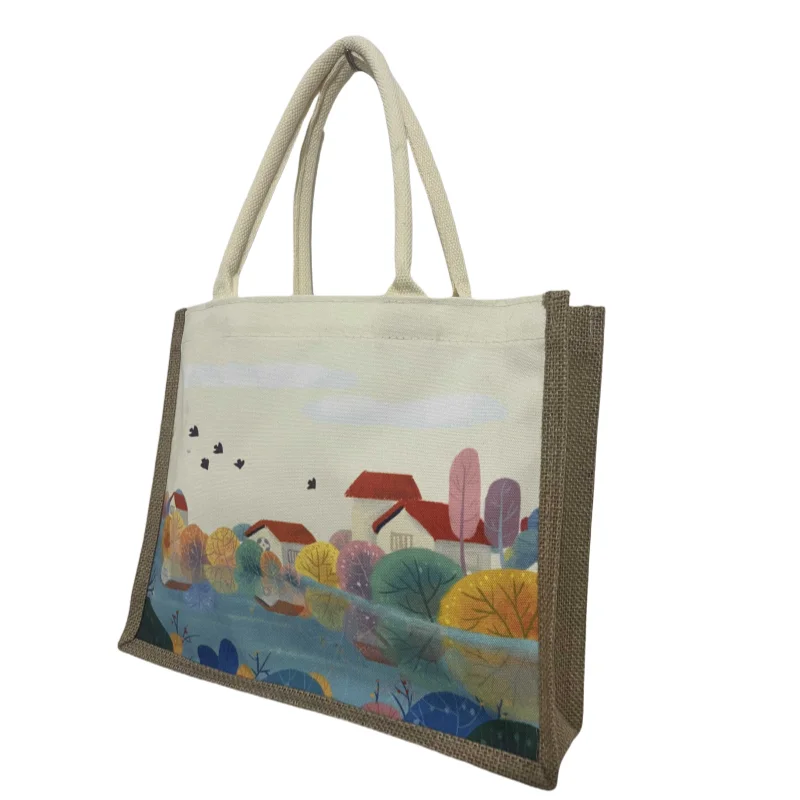 Home Jute Market Tote Handles Reusable Grocery Bag jute bags with handles