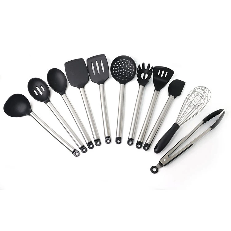 Кухня повар 11 шт Силиконовые лопатки из нержавеющей стали черный кухонная посуда набор с ручкой из нержавеющей стали