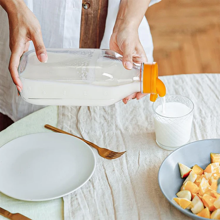 Reusable 8oz 12oz 16oz 32oz 2L Square Glass Milk Bottles With Pour Spout And Airtight Screw Glass Beverage Bottles