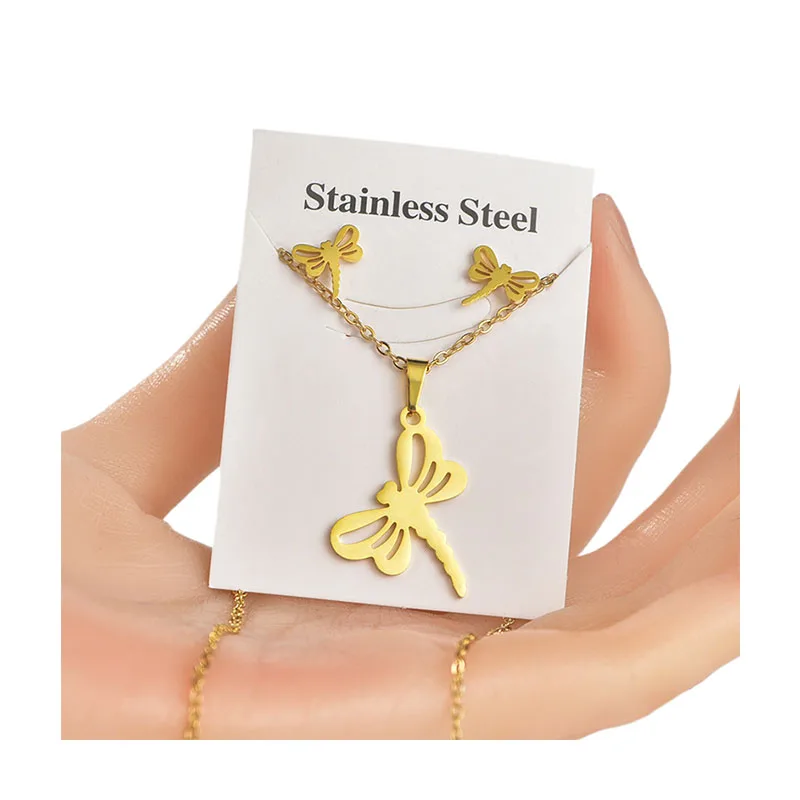 Wholesale Cheap fine Gold Plated Star Heart Butterfly Pendant Jewelry Set Three-Pieces Stainless Steel Necklace And Earrings Set
