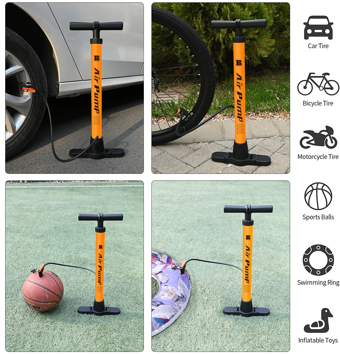 Bicycle ball floor pump with retractable base and pressure gauge for French and American bicycle pump valves