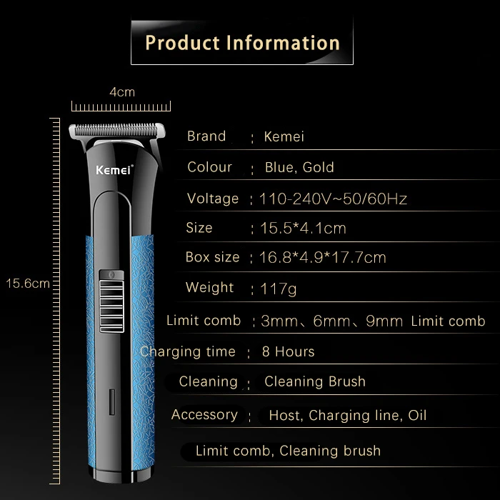  Kemei KM-724 Professional Barber Electric Beard Shaver Hair Cut Machine Cordless Rechargeable Clipper for Man