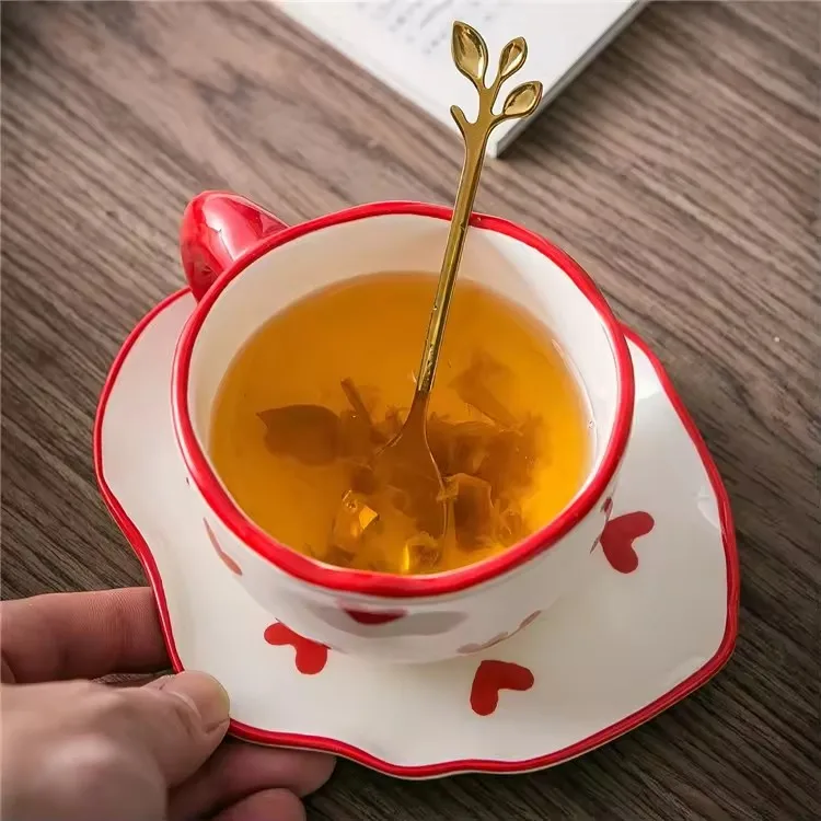 Modern nordic pink tulip cute girls gift small porcelain cup set cappuccino latte tea cup ceramic coffee cups with saucer