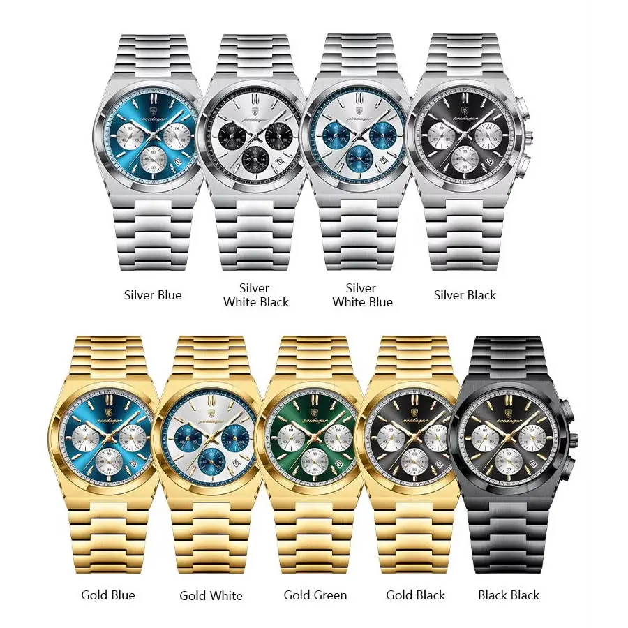POEDAGAR 970 3 Small Dials Working Quartz Watches Waterproof Luminous Stainless Steel Band Chronograph Men Wristwatches